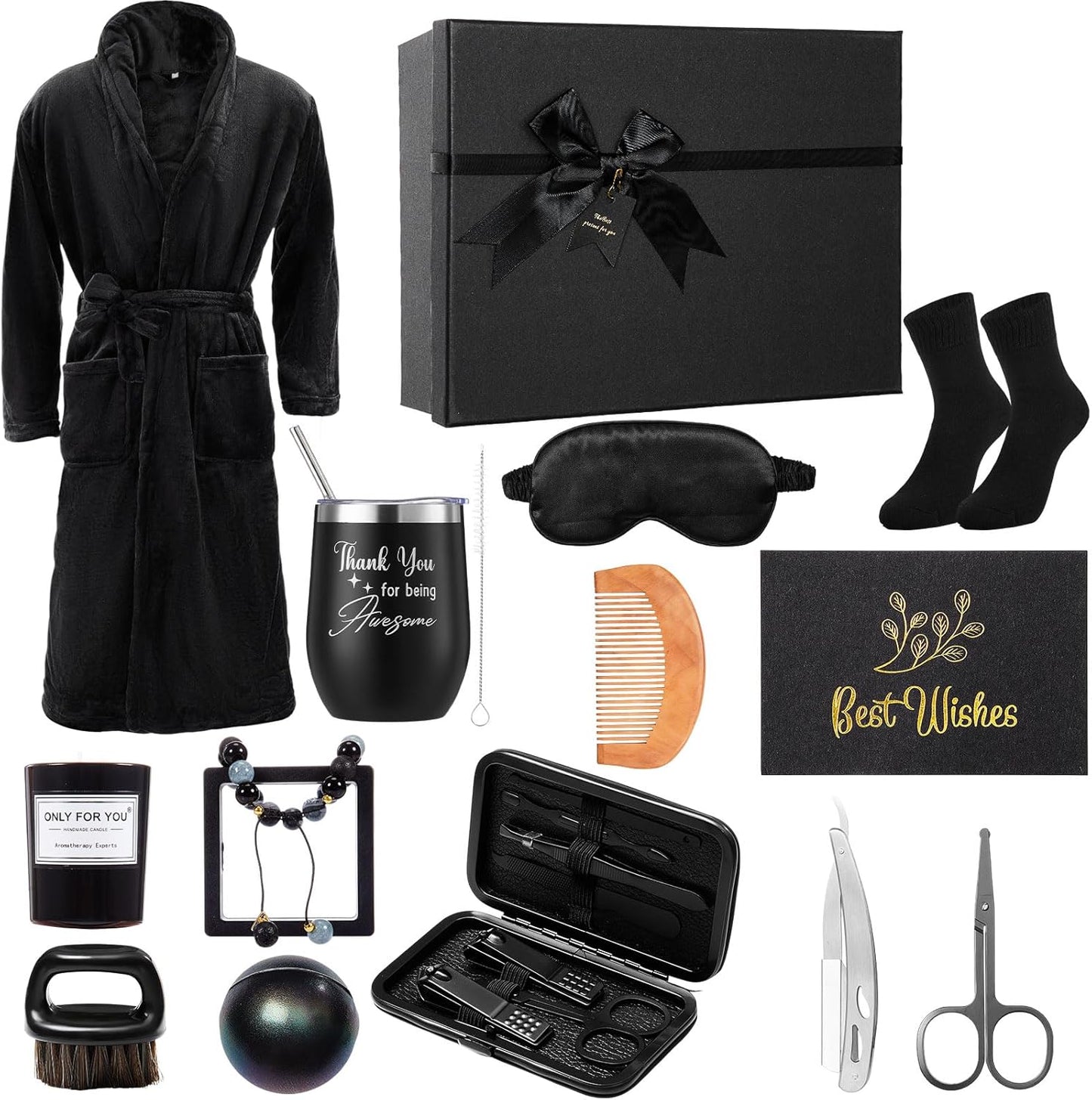 Men’S Gift Basket Set for Him Beard Care Spa Robe Tumbler Birthday Gift Box