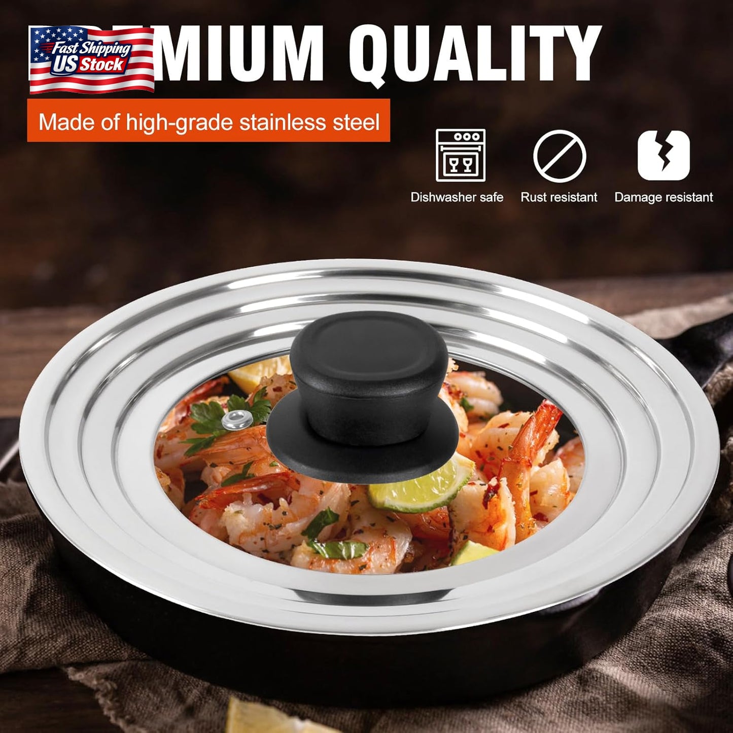 Universal Lid for Pots and Pans Skillets, Stainless Steel Pan Cover Fits 6-7-8 I