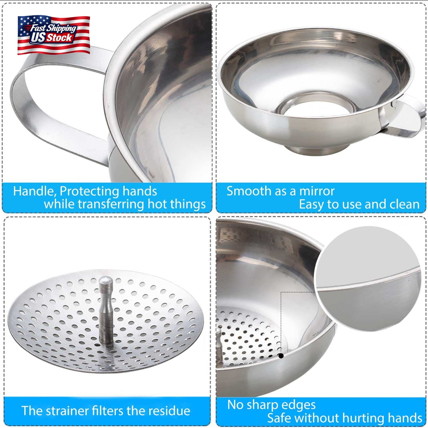Kalave Canning Funnel, Food Grade Stainless Steel Canning Funnels with Strainer,