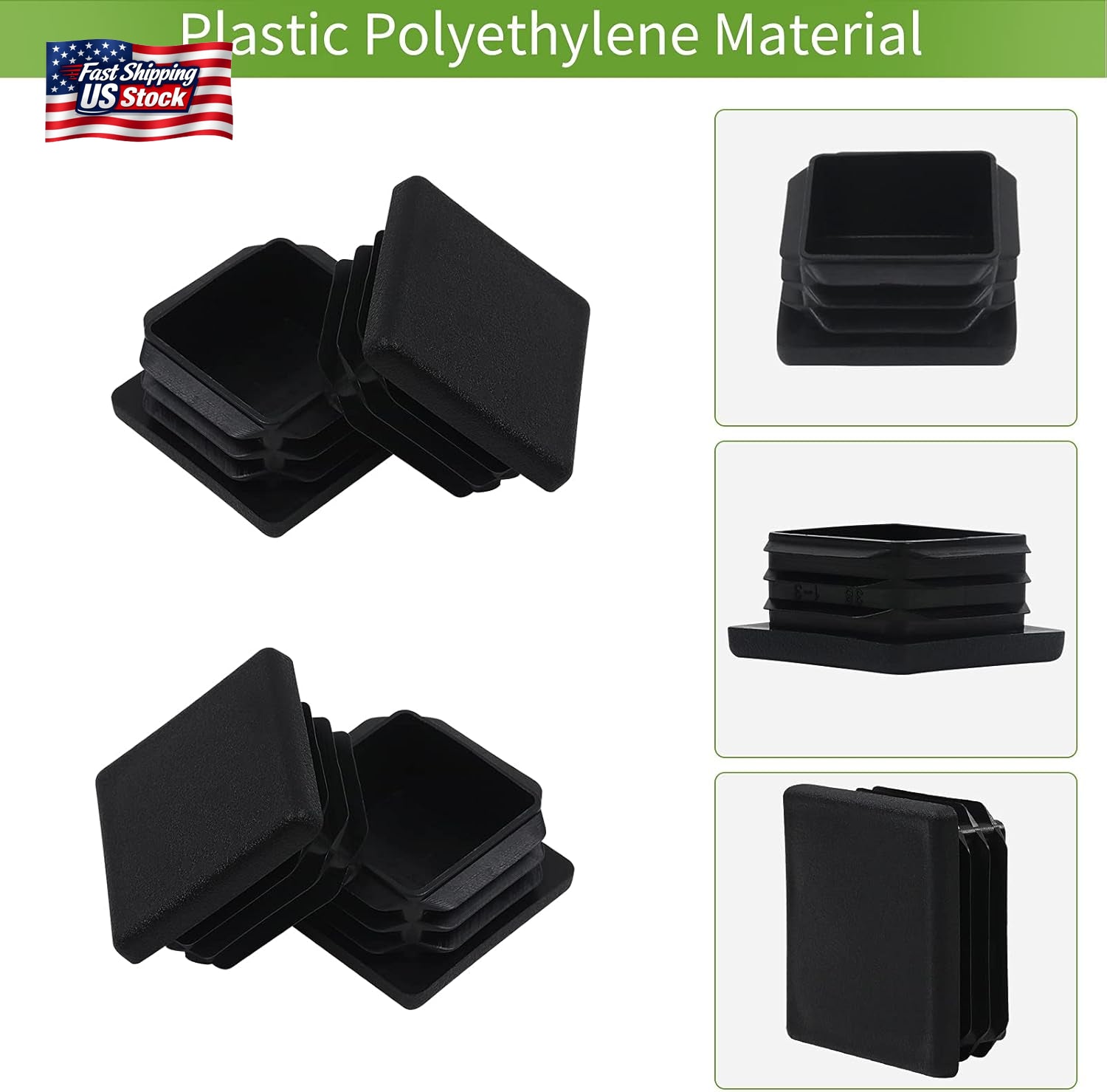 12 Pack 1.5" Square Tube End Caps Plastic Plugs Black Chair Table Leg Inserts