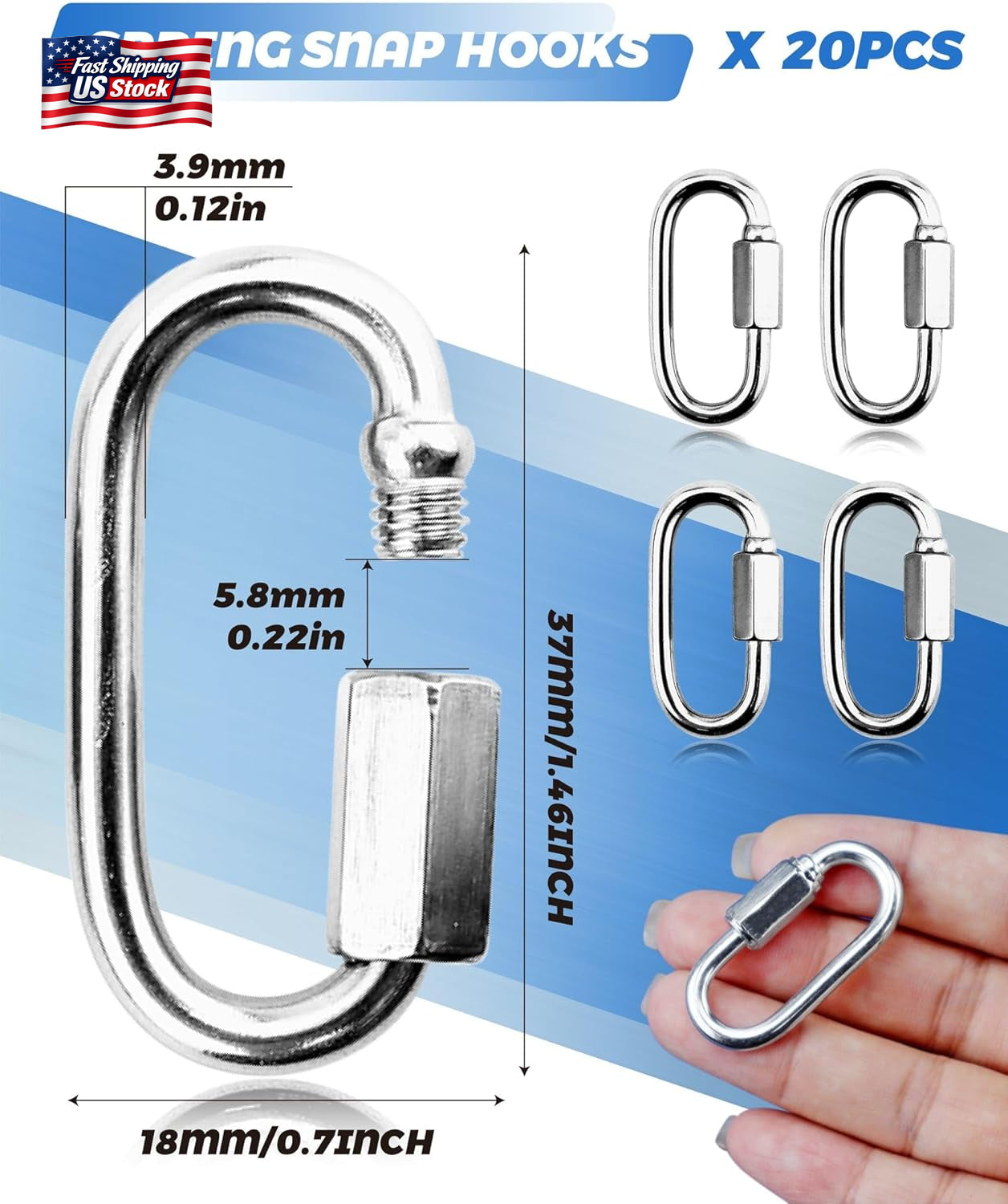 20 Pack Alloy M3.5 Chain Link, 1/8 Inch D Shape Locking Quick Chain Repair Links