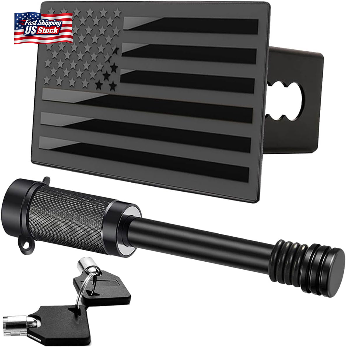 American Flag Trailer Hitch Cover Lock Set 2" Receiver Heavy Duty Aluminum Black