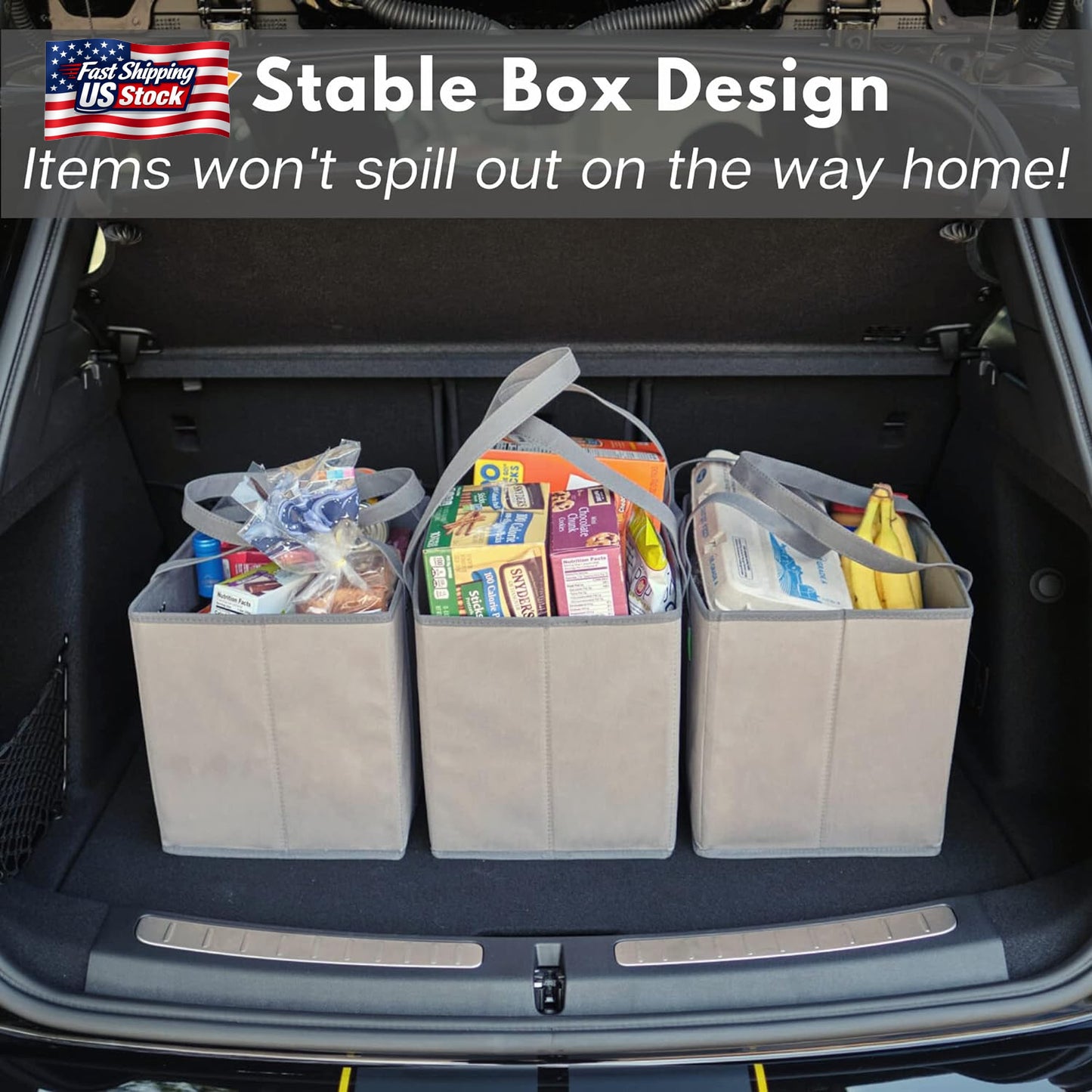 Reusable Grocery Bags 3 Pack Heavy Duty Foldable Shopping Bags Box Shape Large C