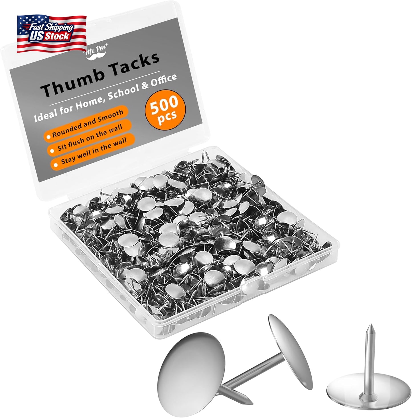Mr. Pen- Thumb Tack, 500 Pack, Silver, Flat Push Pins Bulk, Steel Roundness Push