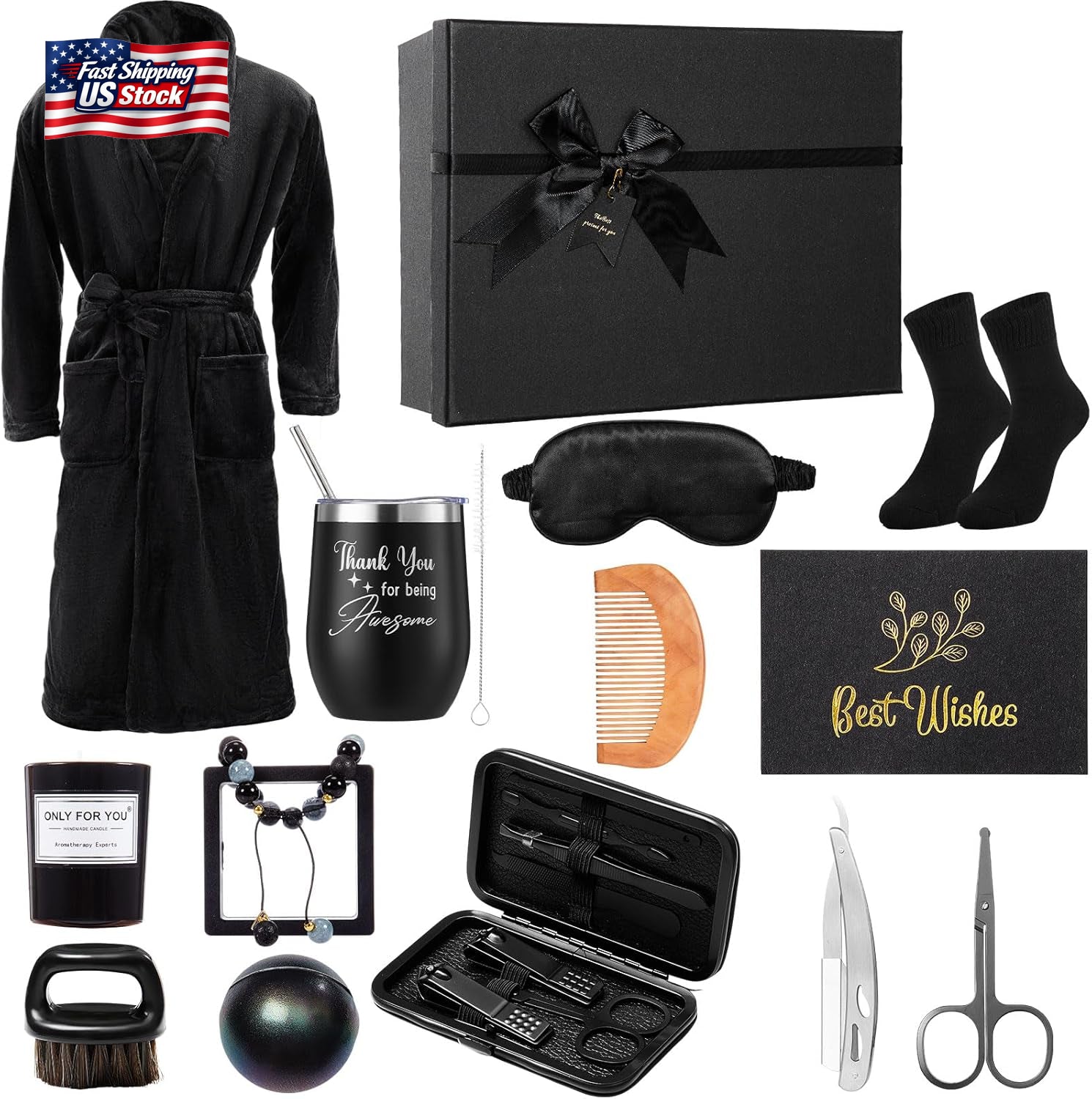Men’S Gift Basket Set for Him Beard Care Spa Robe Tumbler Birthday Gift Box