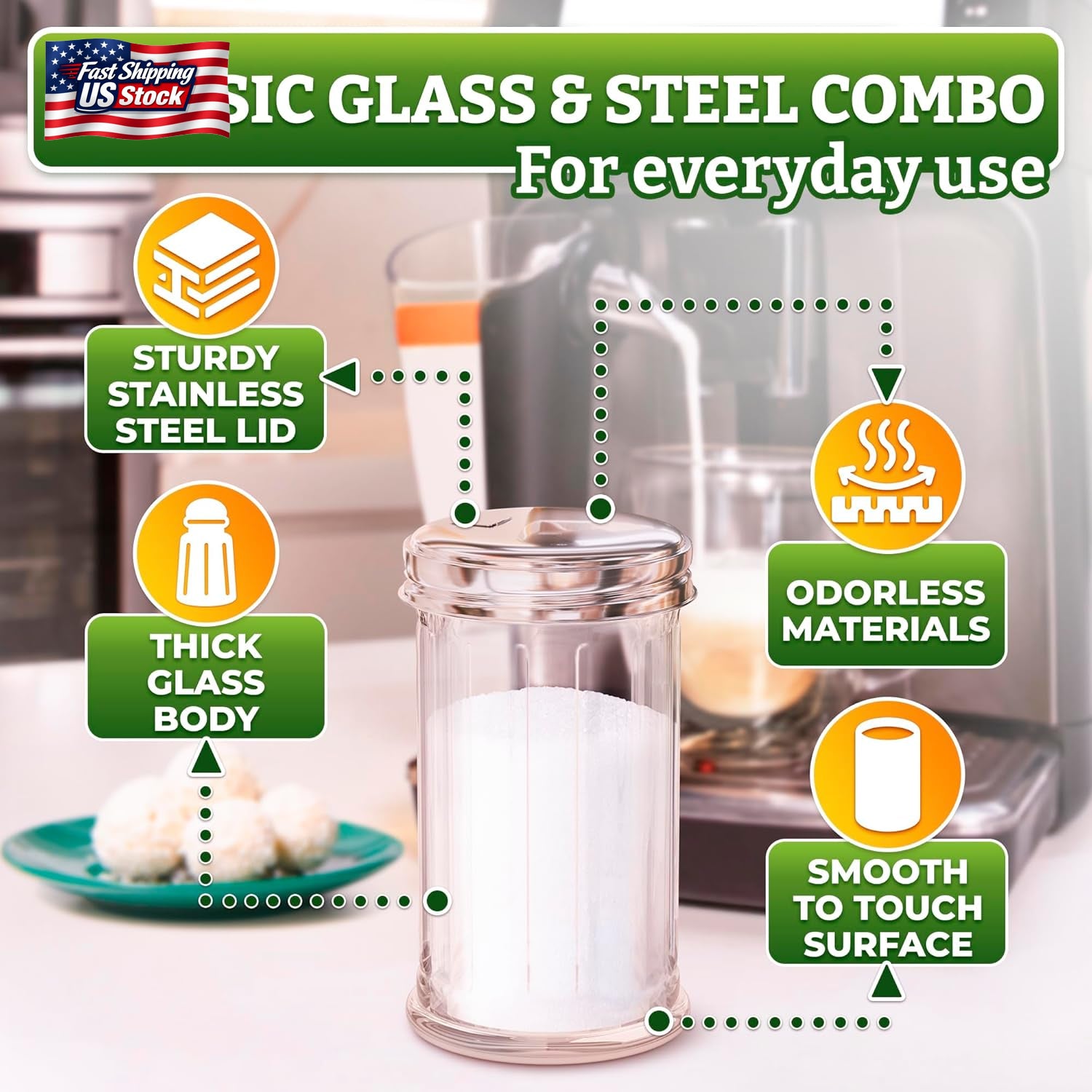12 Oz Sugar Container for Coffee Bar – Glass Sugar Dispenser with Pour Spout And