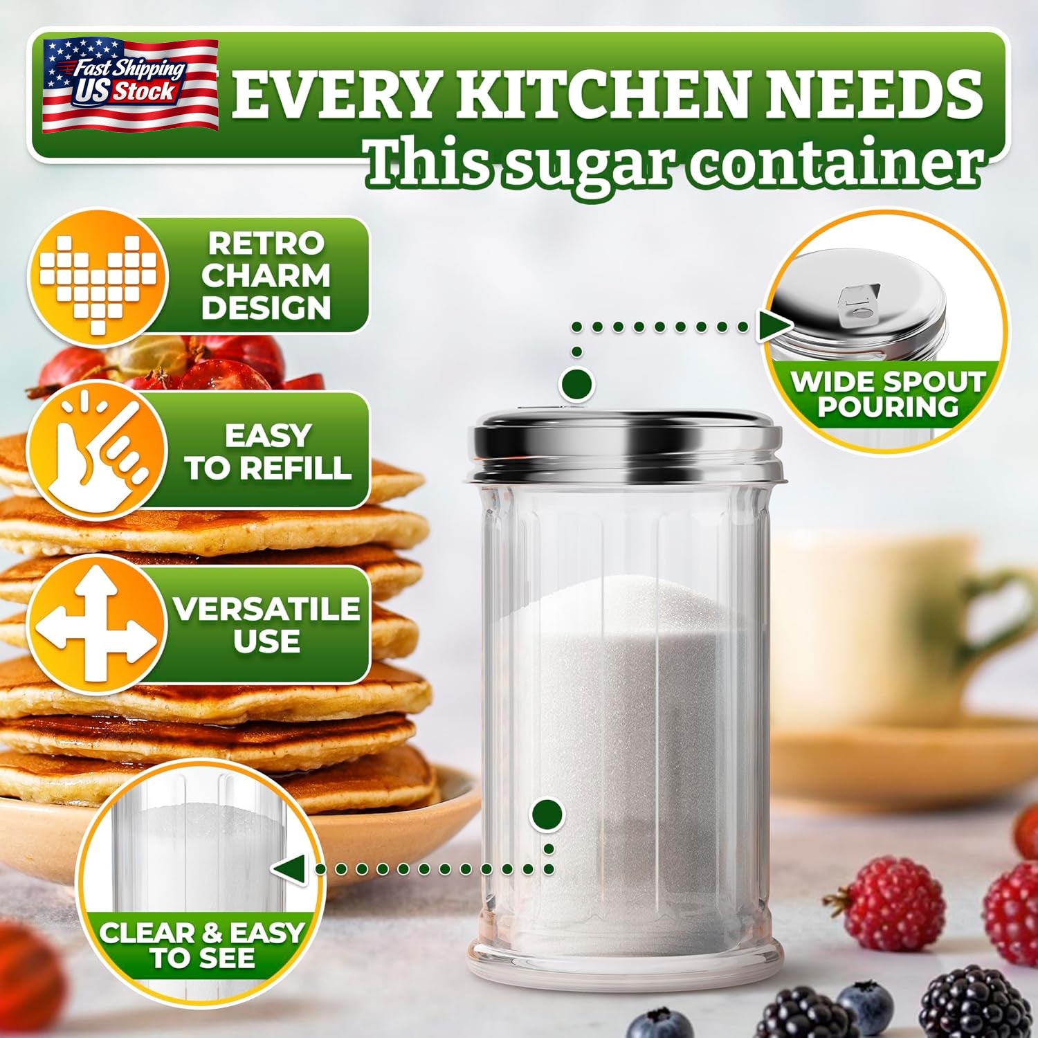 12 Oz Sugar Container for Coffee Bar – Glass Sugar Dispenser with Pour Spout And