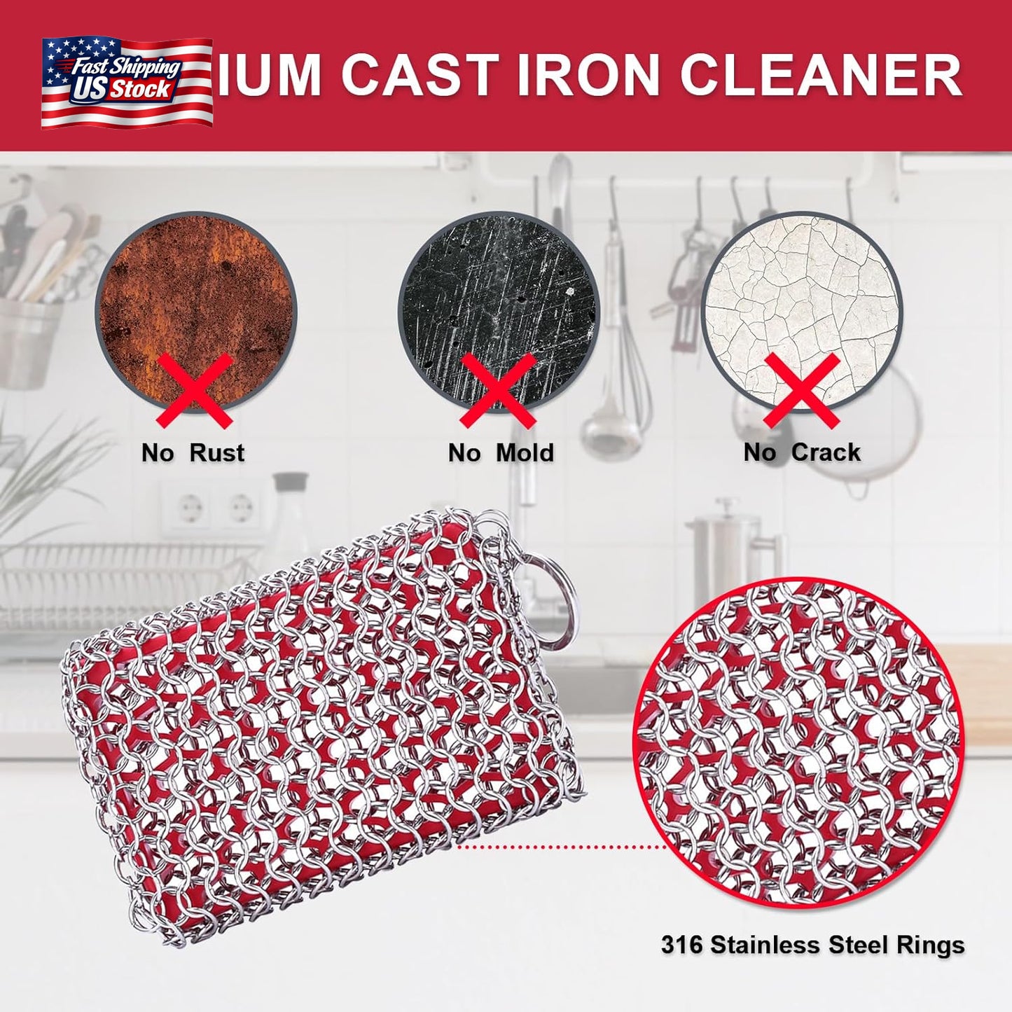 Cast Iron Scrubber Chainmail Cleaner 316L Stainless Steel Pan Pot Scrub Pad