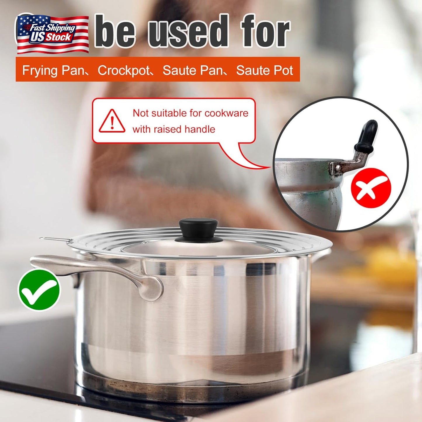 Universal Lid for Pots and Pans Skillets, Stainless Steel Pan Cover Fits 6-7-8 I