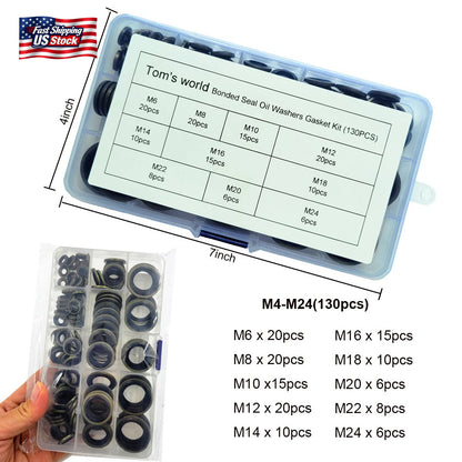 130PCS Bonded Seal Washer Kit Hydraulic Oil Drain Plug Gasket Assortment Set
