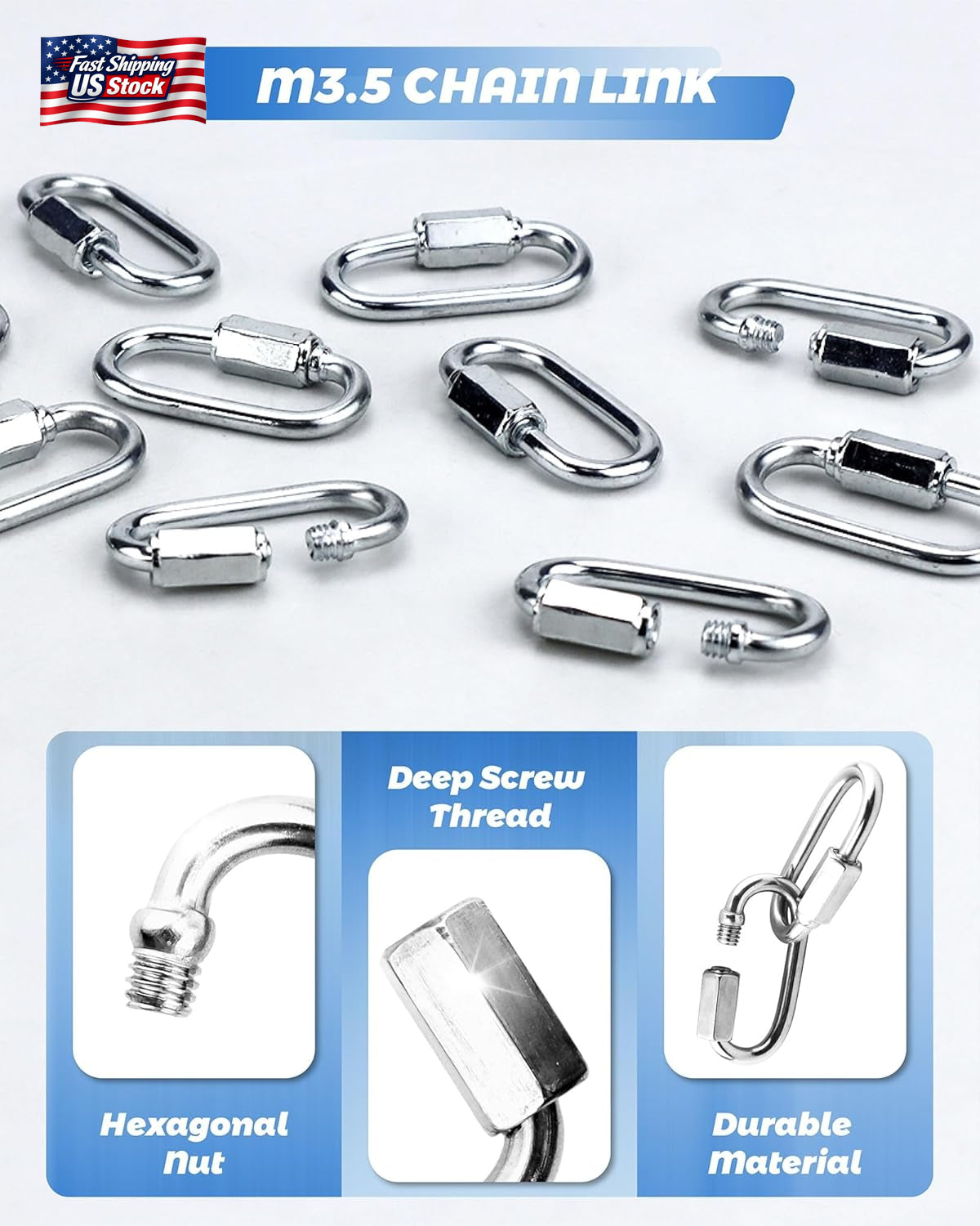 20 Pack Alloy M3.5 Chain Link, 1/8 Inch D Shape Locking Quick Chain Repair Links