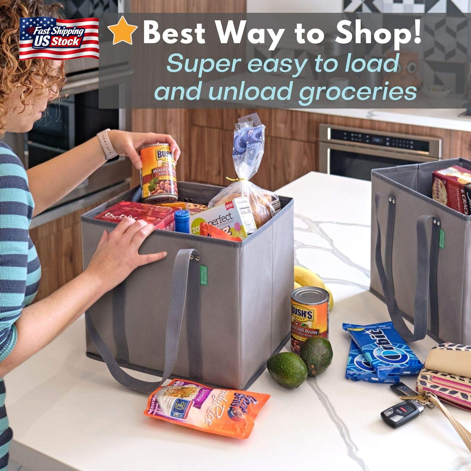 Reusable Grocery Bags 3 Pack Heavy Duty Foldable Shopping Bags Box Shape Large C