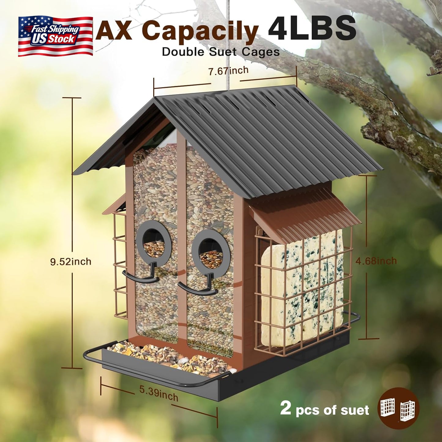 Metal Bird Feeder for Outdoors Double Suet Cage Wild Bird Feeder Squirrel Resist