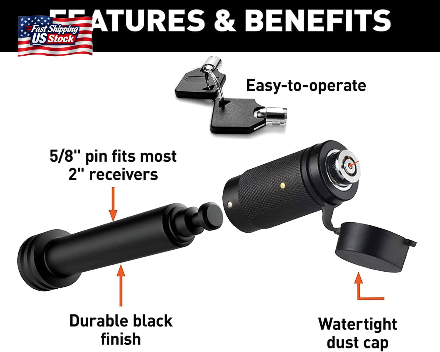 American Flag Trailer Hitch Cover Lock Set 2" Receiver Heavy Duty Aluminum Black