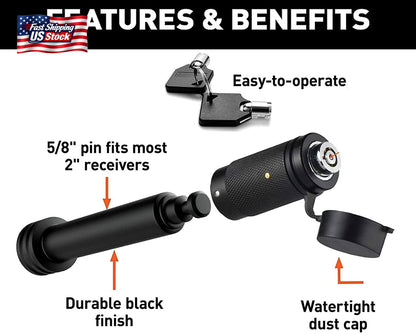 American Flag Trailer Hitch Cover Lock Set 2" Receiver Heavy Duty Aluminum Black