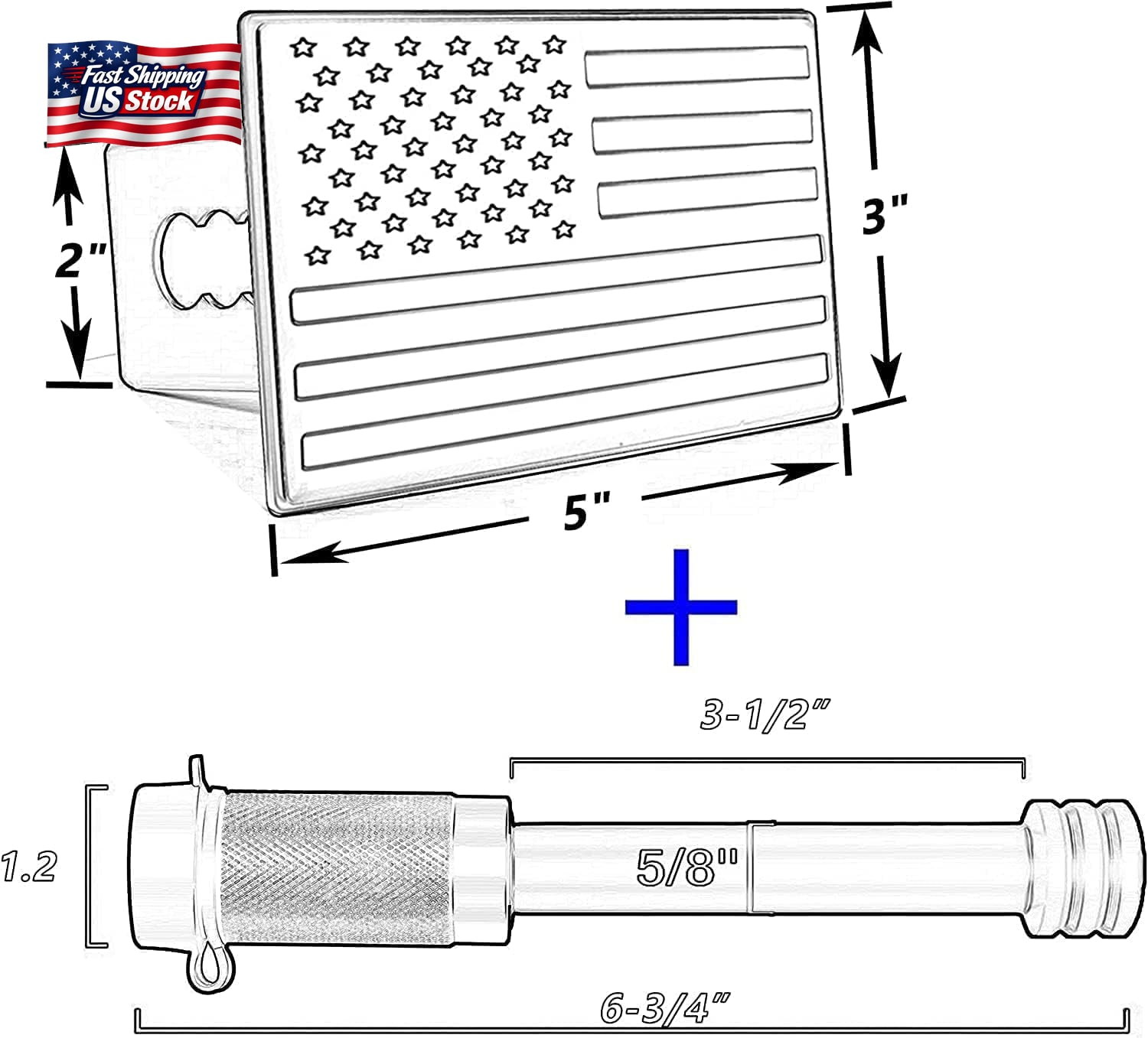 American Flag Trailer Hitch Cover Lock Set 2" Receiver Heavy Duty Aluminum Black