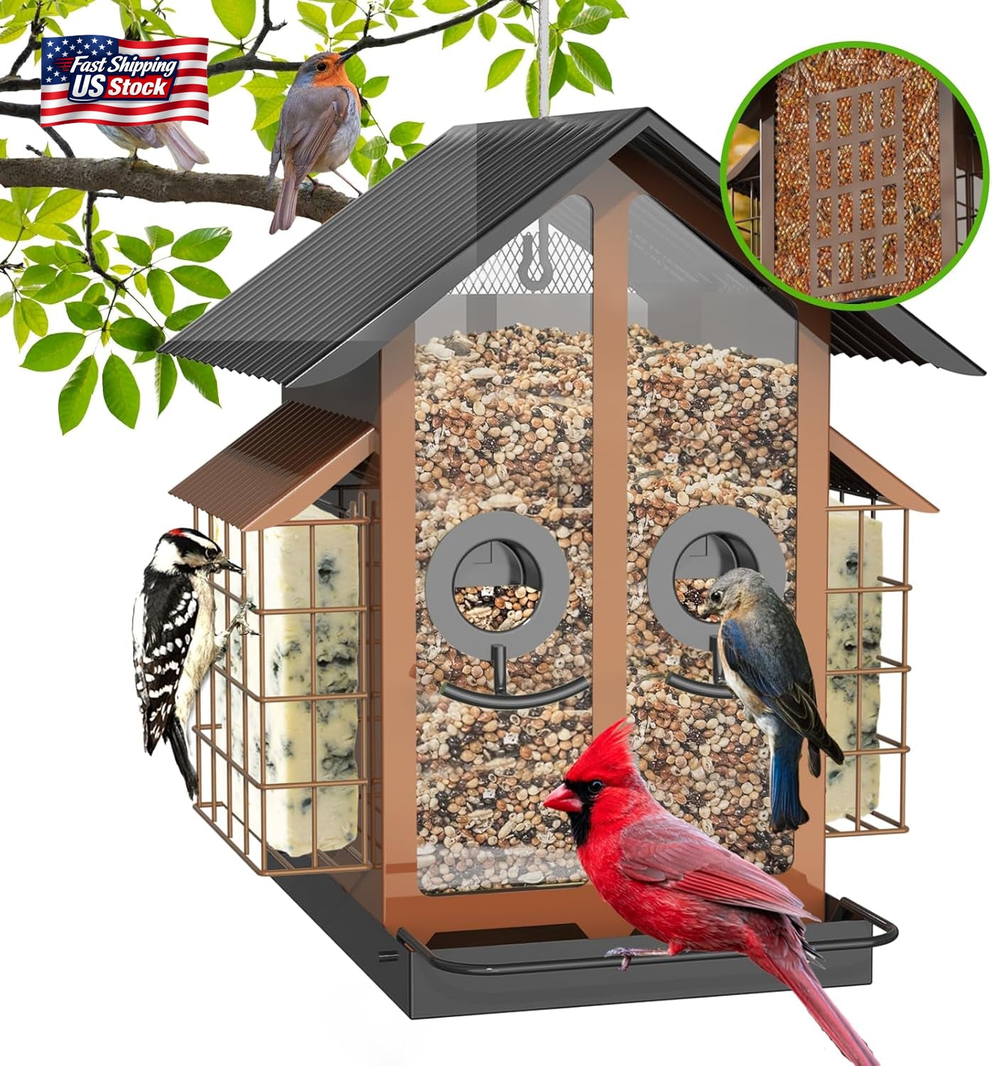 Metal Bird Feeder for Outdoors Double Suet Cage Wild Bird Feeder Squirrel Resist