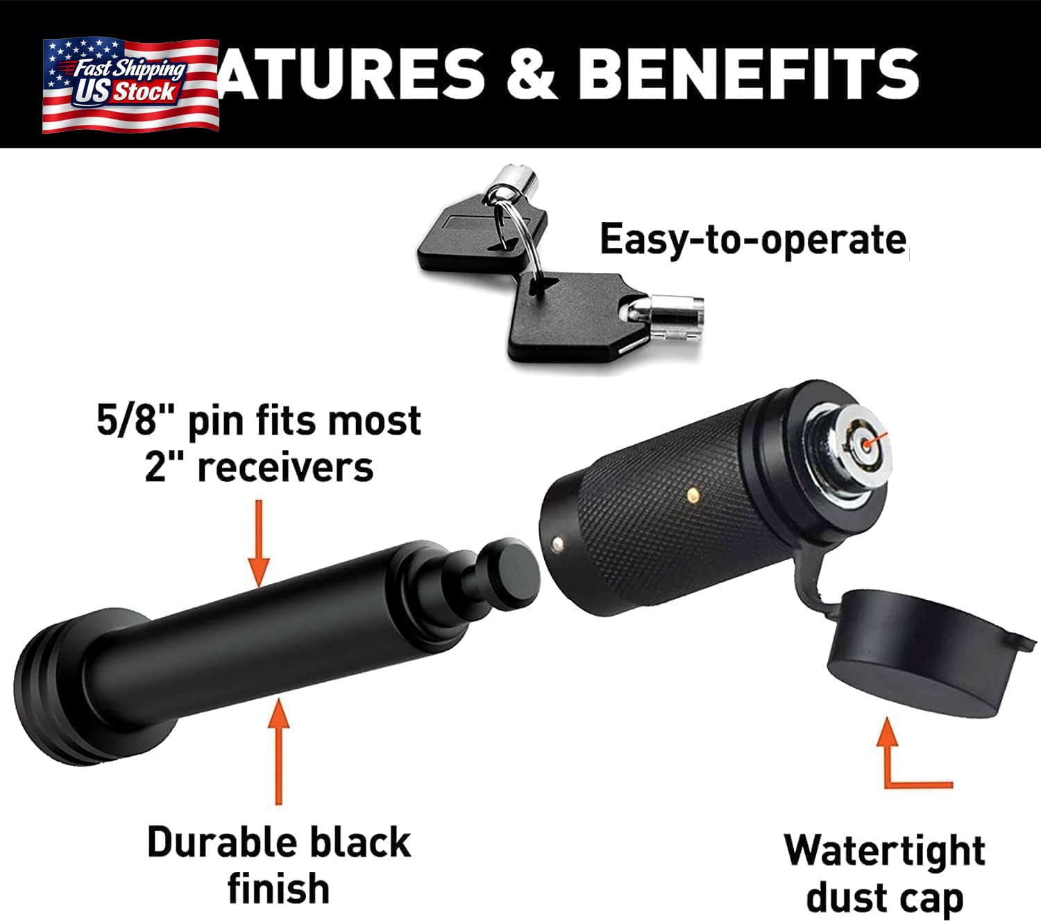 American Flag Trailer Hitch Cover Lock Set 2" Receiver Heavy Duty Aluminum Black