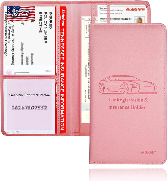 HIIXHC Car Registration and Insurance Card Holder - Leather Vehicle Glove Box Au