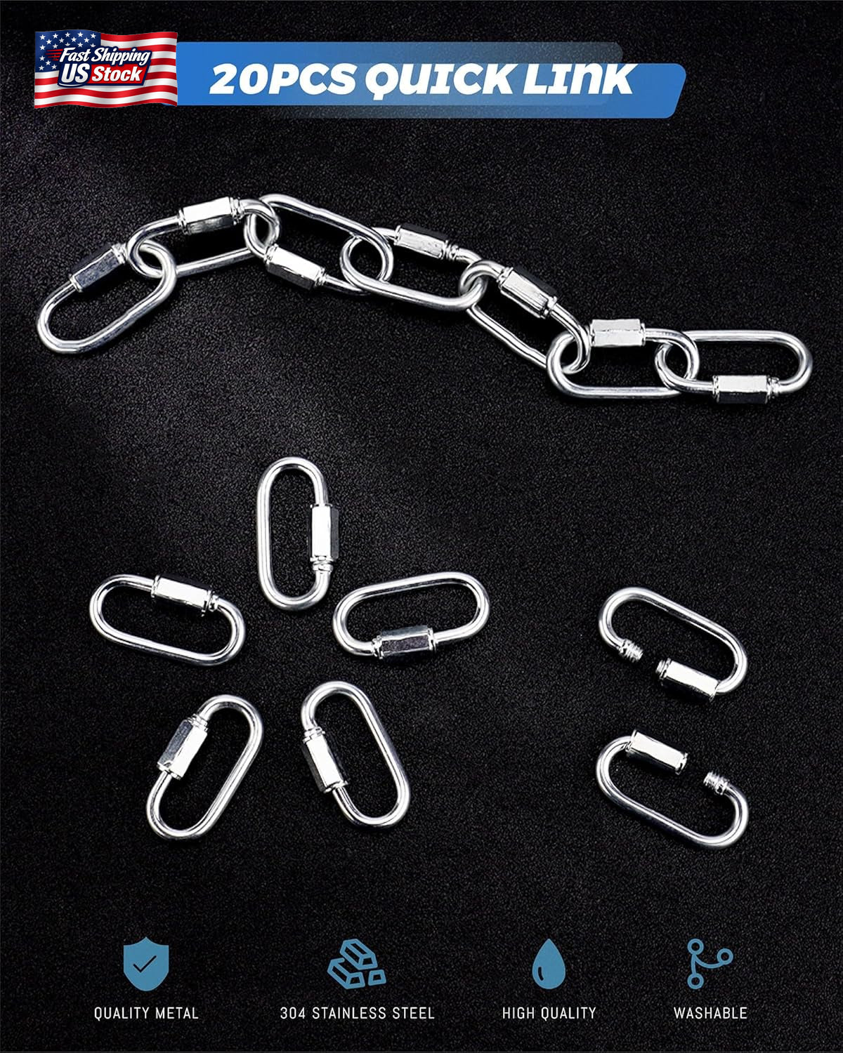20 Pack Alloy M3.5 Chain Link, 1/8 Inch D Shape Locking Quick Chain Repair Links