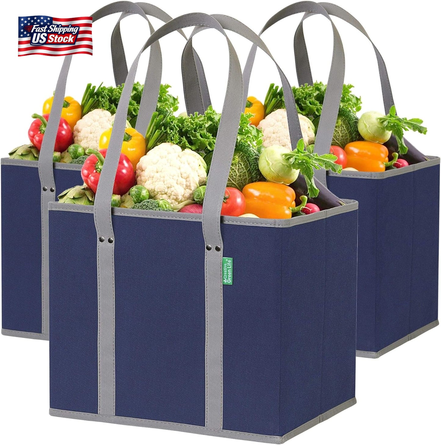 Reusable Grocery Bags 3 Pack Heavy Duty Foldable Shopping Bags Box Shape Large C
