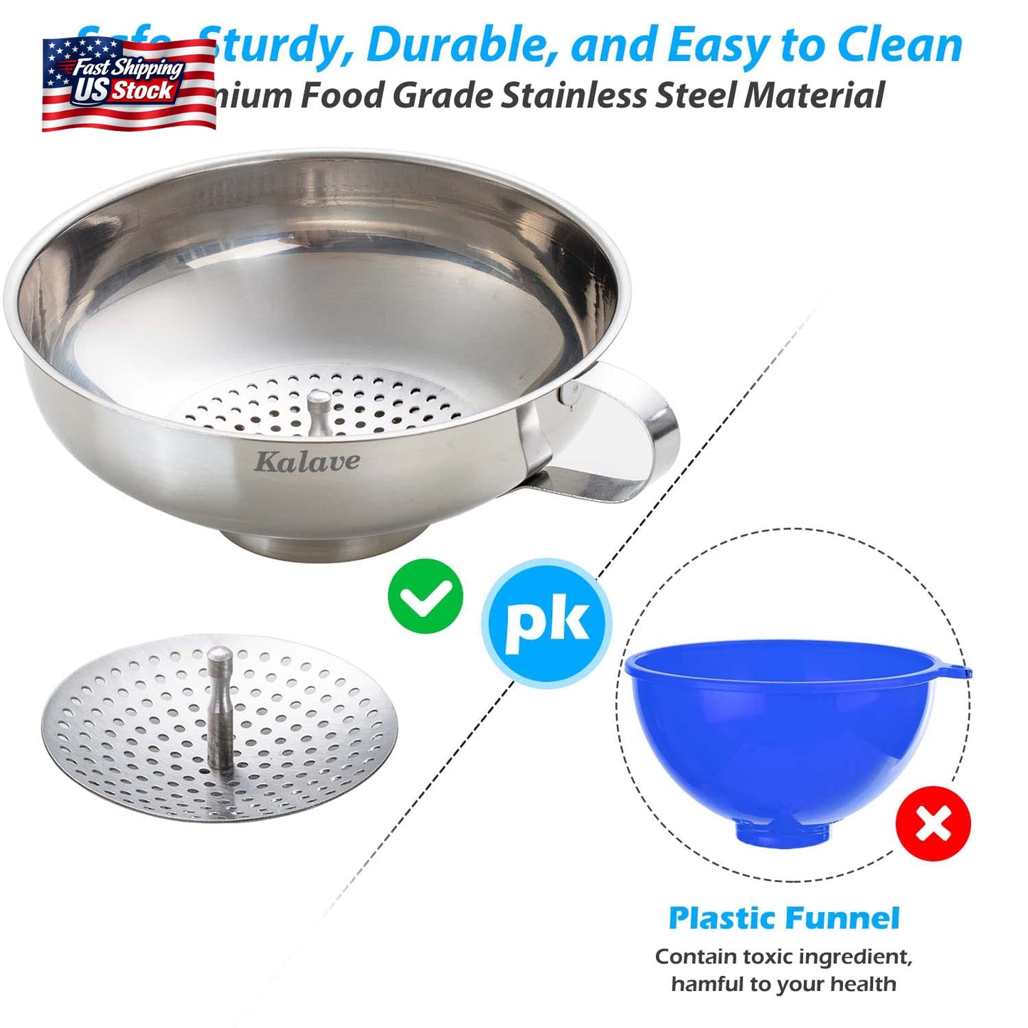 Kalave Canning Funnel, Food Grade Stainless Steel Canning Funnels with Strainer,
