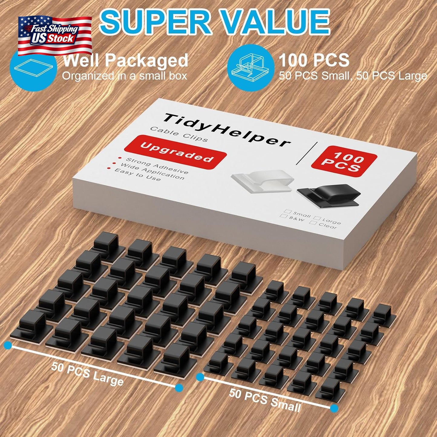 100 PCS Adhesive Cable Clips Black (Small & Large), Upgraded Wire Holder for Wal