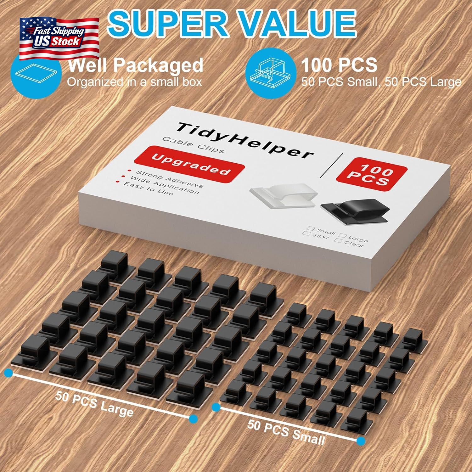 100 PCS Adhesive Cable Clips Black (Small & Large), Upgraded Wire Holder for Wal