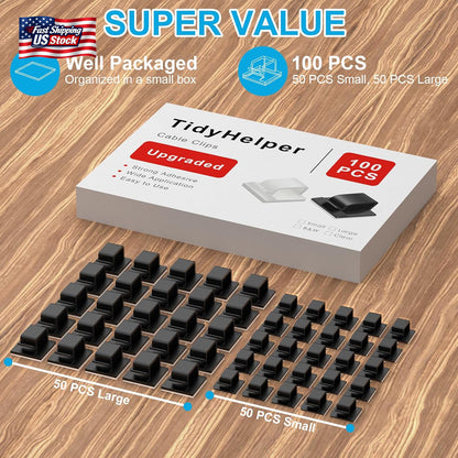 100 PCS Adhesive Cable Clips Black (Small & Large), Upgraded Wire Holder for Wal