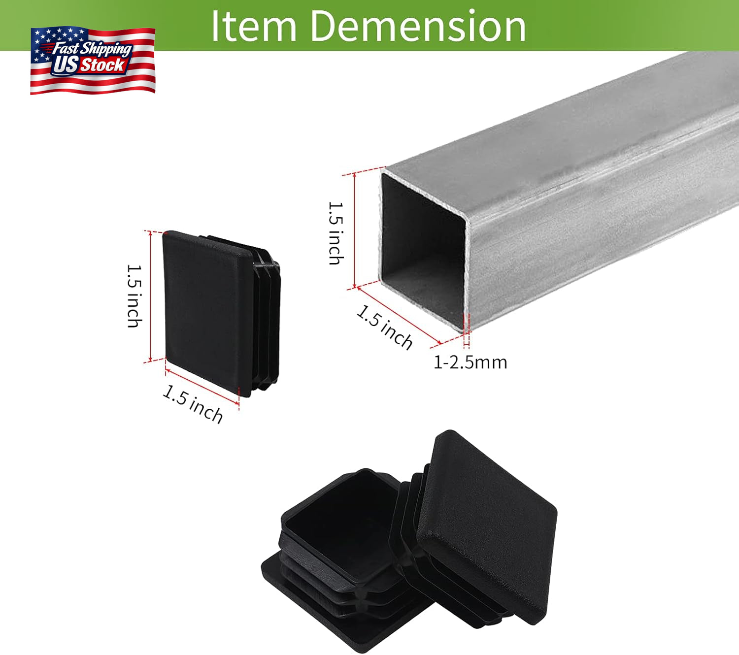 12 Pack 1.5" Square Tube End Caps Plastic Plugs Black Chair Table Leg Inserts