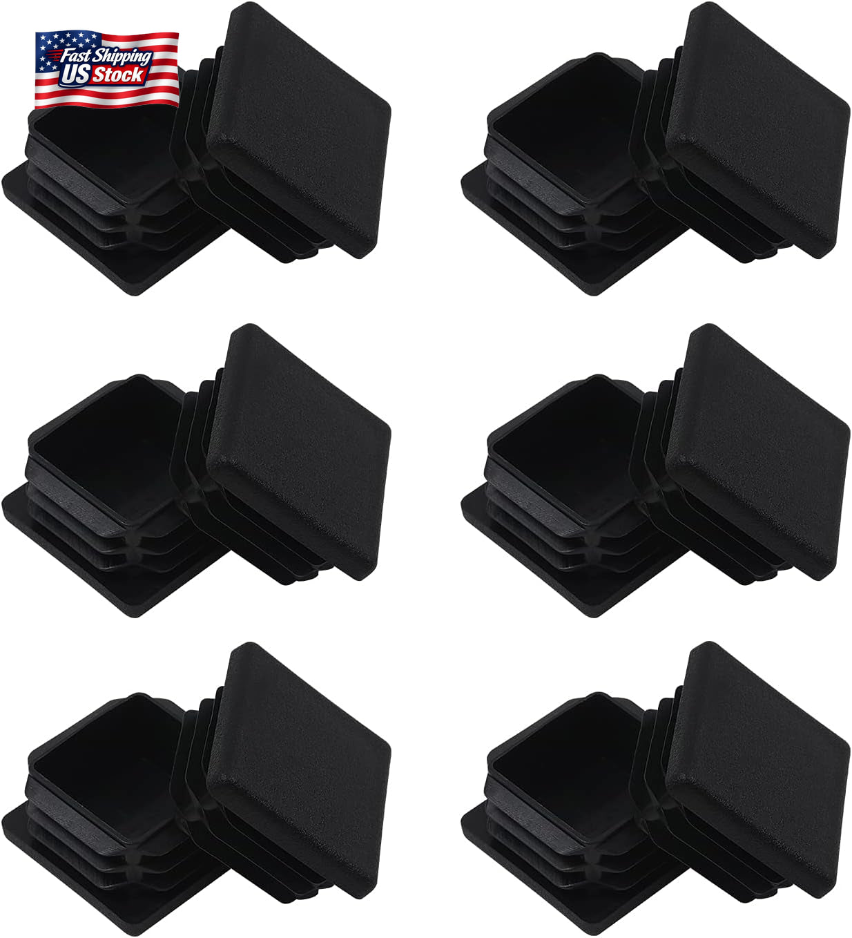 12 Pack 1.5" Square Tube End Caps Plastic Plugs Black Chair Table Leg Inserts