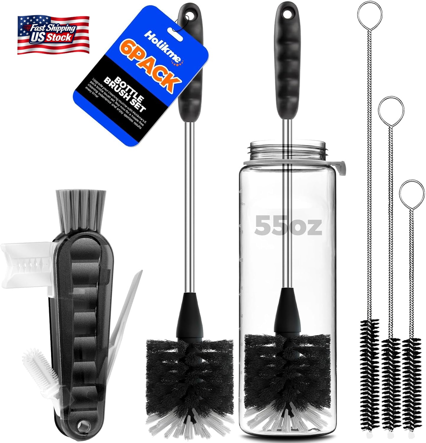 Holikme 6 Pack Bottle Brush Set, 14" Long Handle Stainless Steel Bottle Cleaner