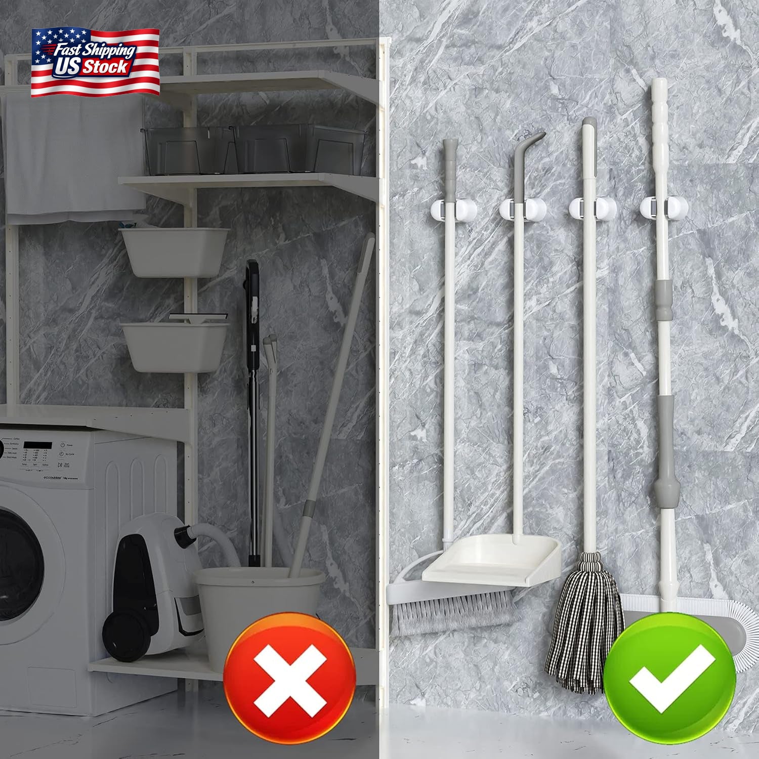 BEZOX Broom Holder, 3 PCS Wall Mount Mop Organizer Gripper, Self-Adhesive Cleani