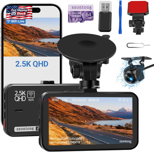 2.5K Wifi Dash Cam Front and Rear Car Camera Night Vision G-Sensor 64GB Included