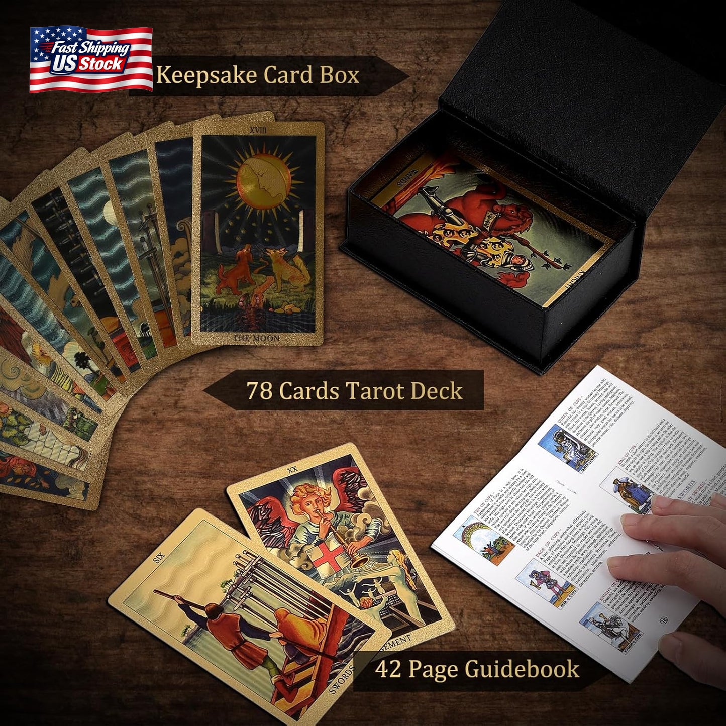 78PCS Gold Foil Tarot Cards Rider Waite Tarot Deck with Guide Book & Storage Box