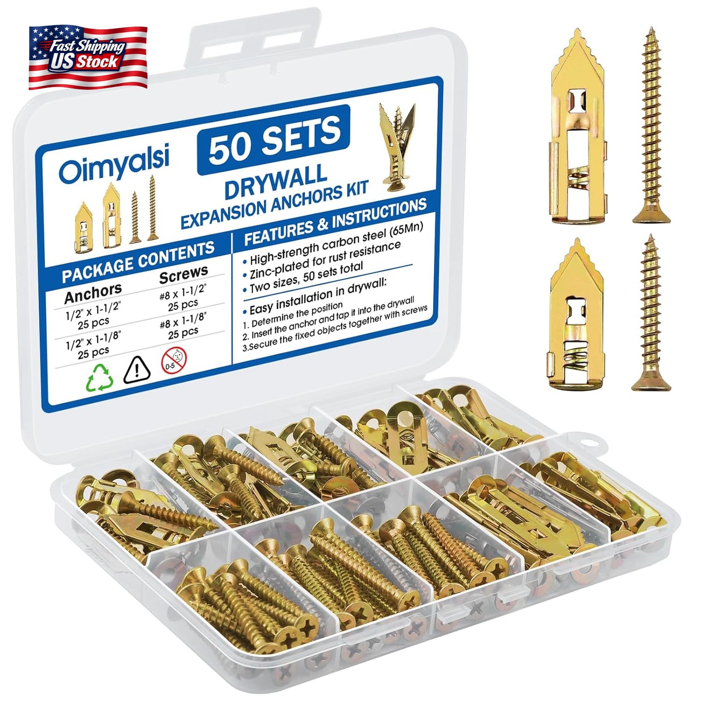 100 PCS Self Drilling Drywall Anchors with Screws – Heavy Duty Metal Expansion W