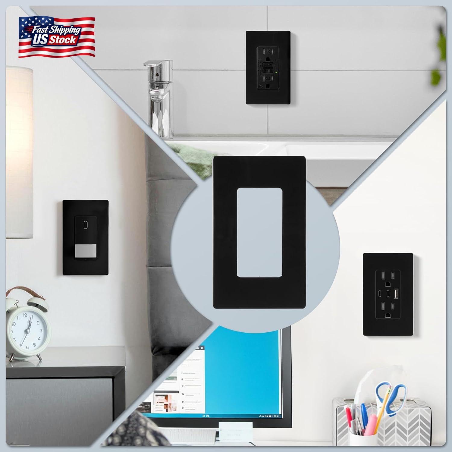 Black Matte Screwless Wall Plate Cover 10 Pack - 1-Gang Light Switch Cover Plate