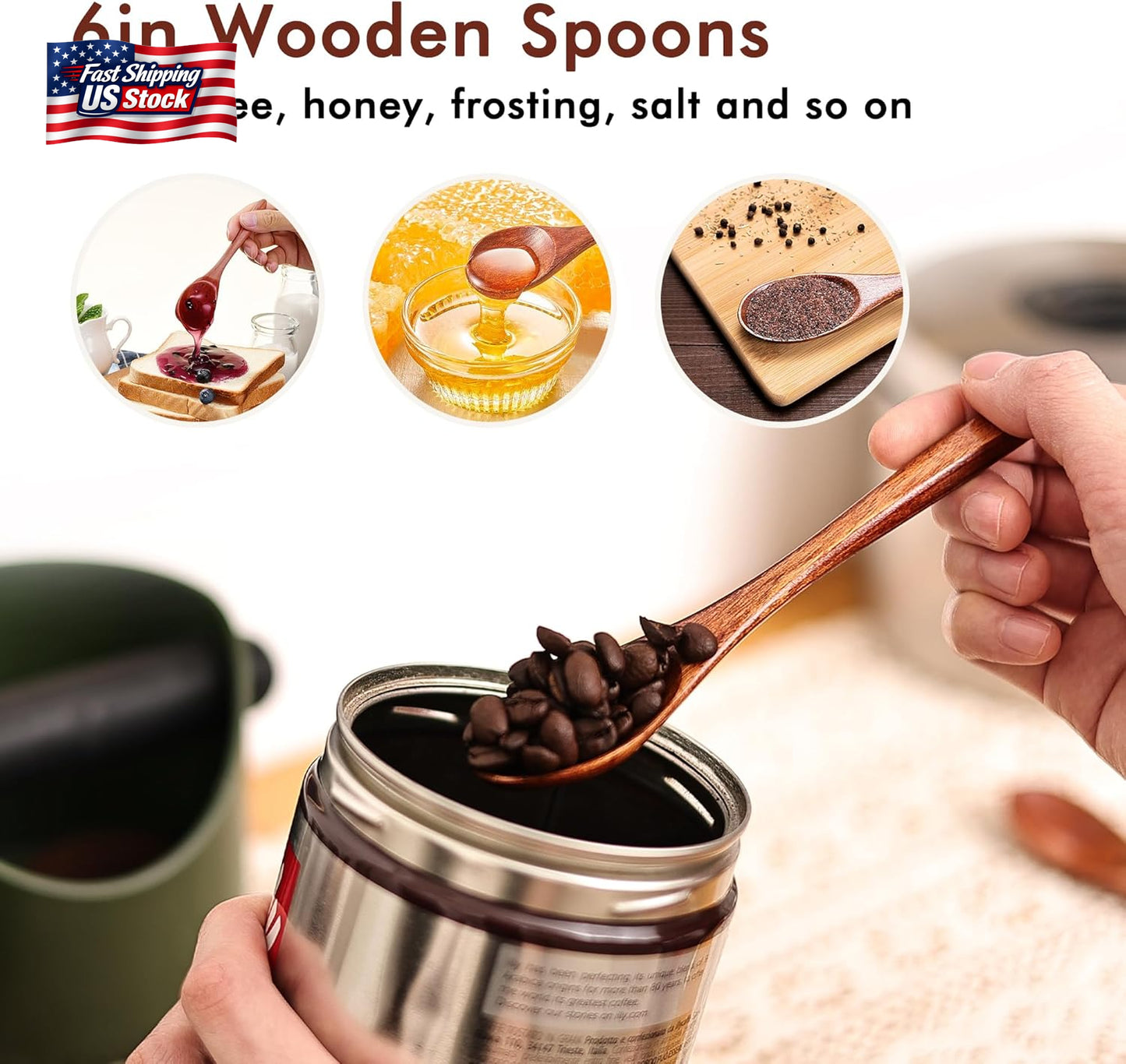 6In Wooden Spoons, 6Pcs Soup Spoons Set, Small Wooden Utensils for Coffee, Tea,