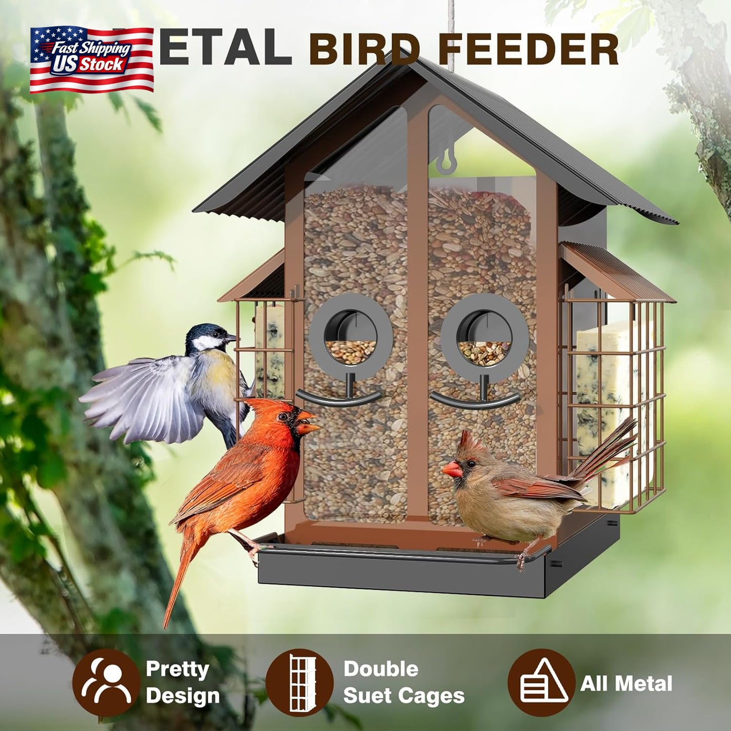 Metal Bird Feeder for Outdoors Double Suet Cage Wild Bird Feeder Squirrel Resist