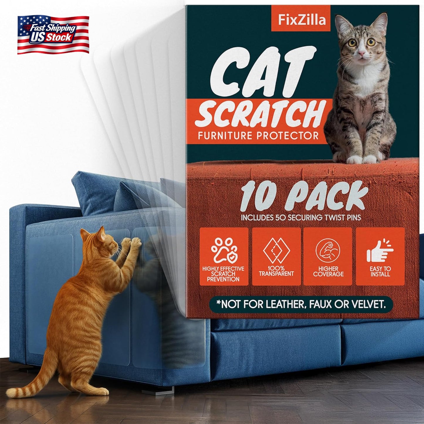 Fixzilla anti Cat Scratch Furniture Protector, 10-Pack Couch Protector from Cat