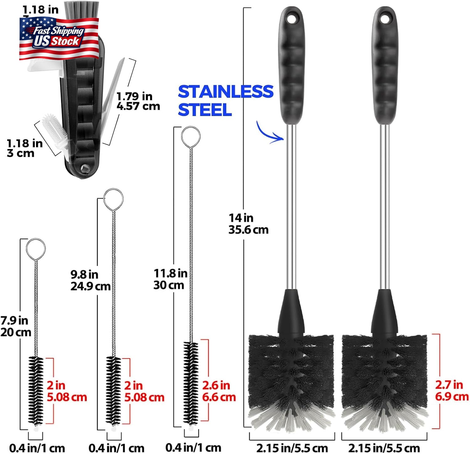 Holikme 6 Pack Bottle Brush Set, 14" Long Handle Stainless Steel Bottle Cleaner