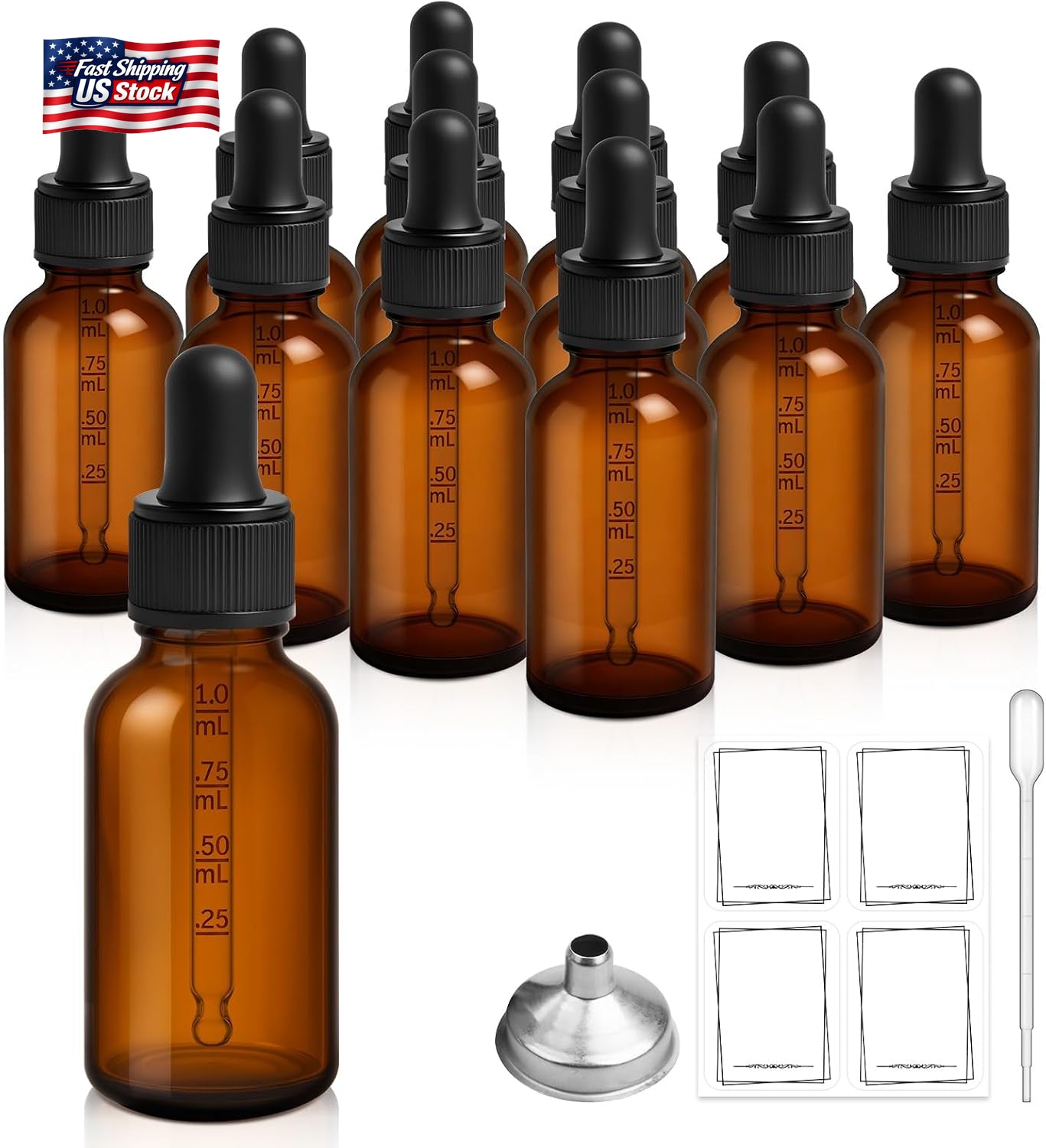 12 Pack 1Oz Amber Glass Dropper Bottles Leakproof Tincture Bottles W/ Pipette Fu
