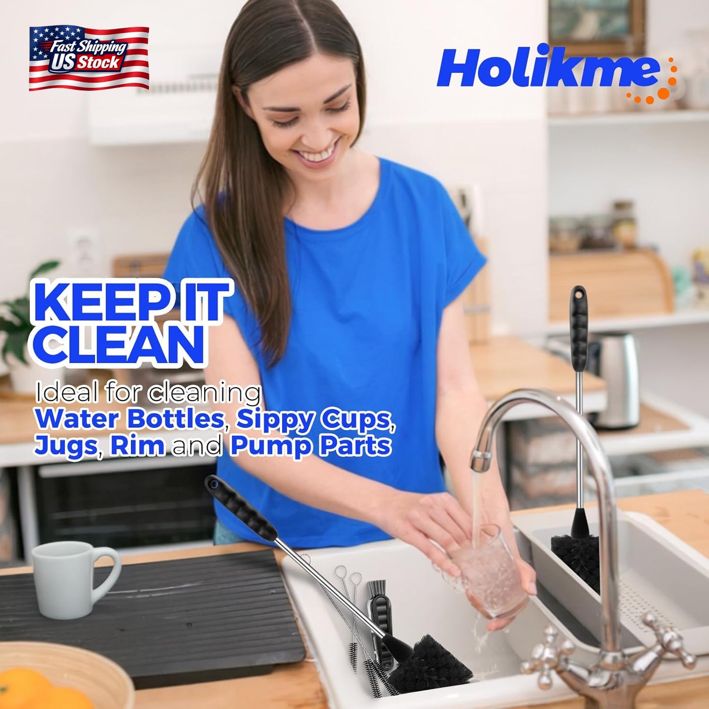 Holikme 6 Pack Bottle Brush Set, 14" Long Handle Stainless Steel Bottle Cleaner