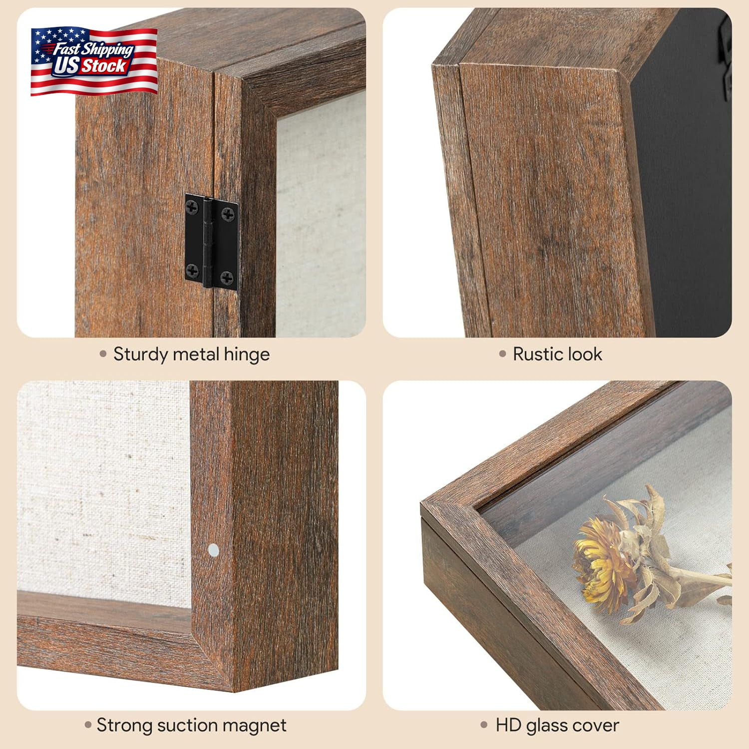 5X5 Small Shadow Box Frame with Linen Back - Sturdy Rustic Memory Display Case O