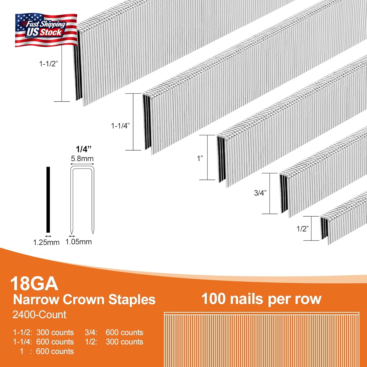 PINOZE 4200-Count 18 Gauge 1/4" Narrow Crown Staples (1-1/2" 1-1/4" 1" 3/4" 1/2"