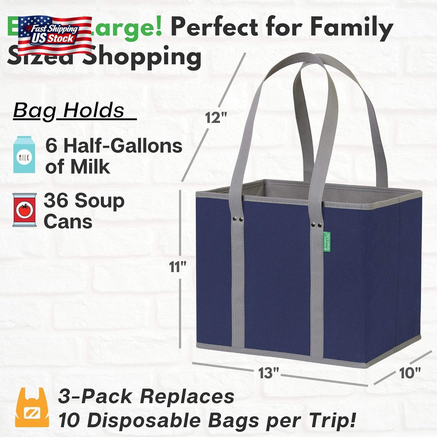 Reusable Grocery Bags 3 Pack Heavy Duty Foldable Shopping Bags Box Shape Large C
