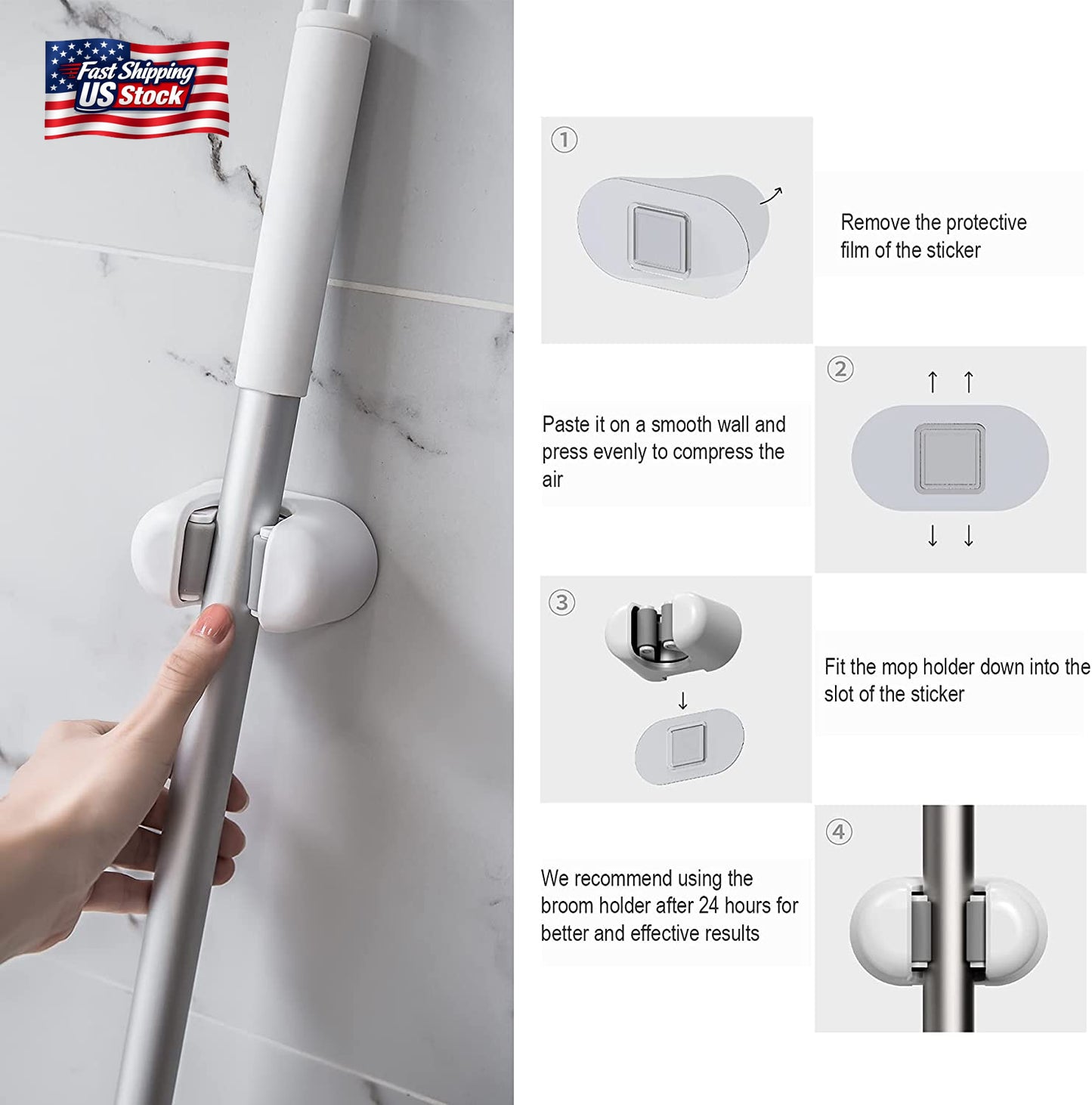BEZOX Broom Holder, 3 PCS Wall Mount Mop Organizer Gripper, Self-Adhesive Cleani