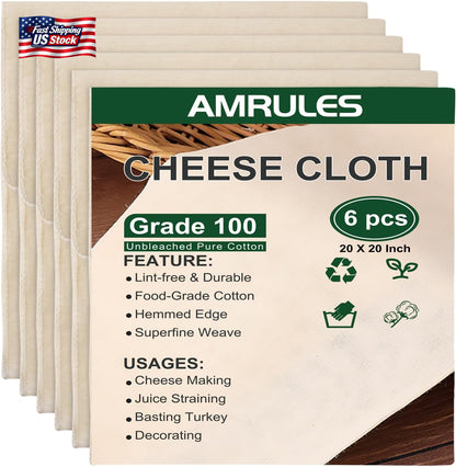 6PCS Cheese Cloth 20X20 Inch Grade 100 Unbleached Cotton Straining Cloth Reusabl