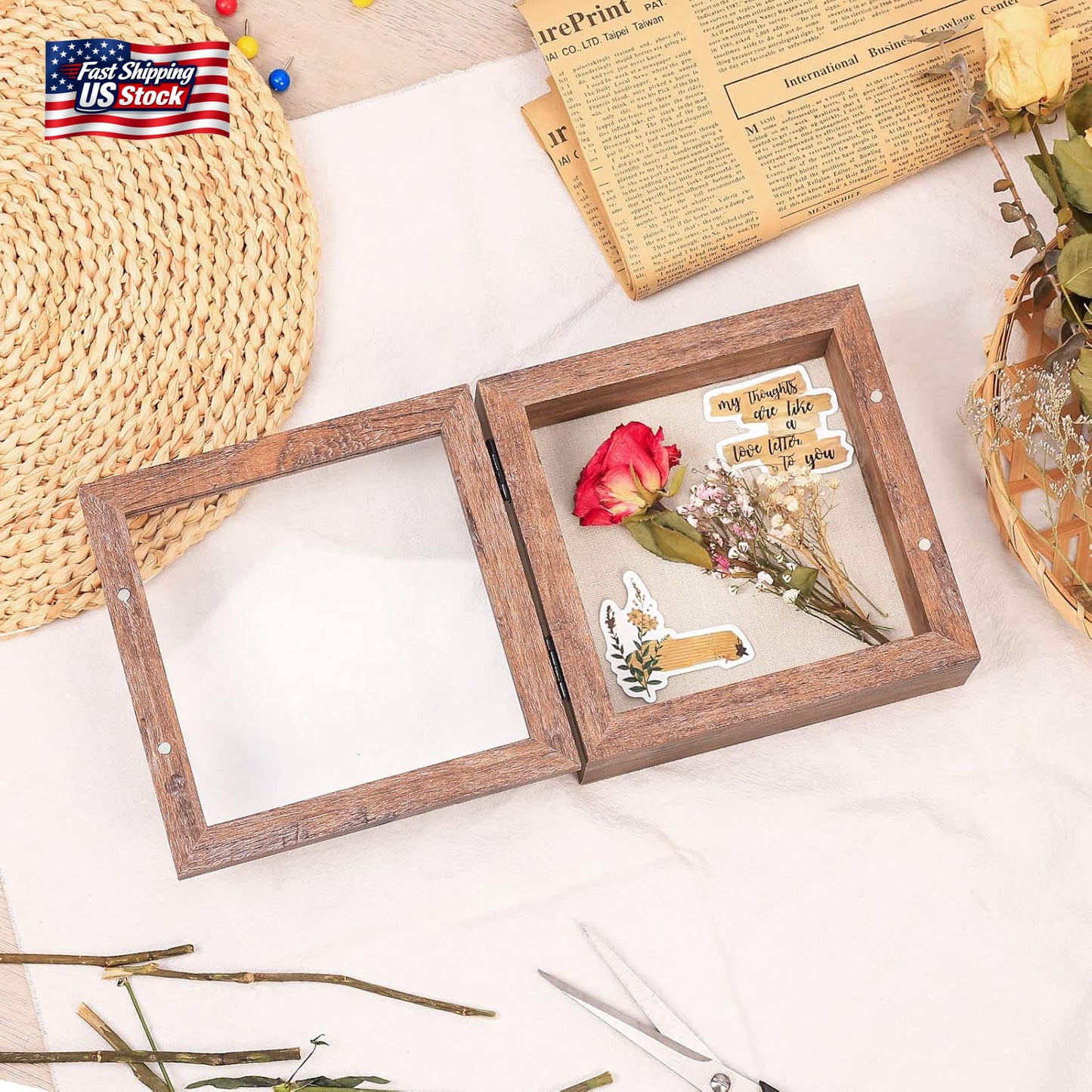 5X5 Small Shadow Box Frame with Linen Back - Sturdy Rustic Memory Display Case O