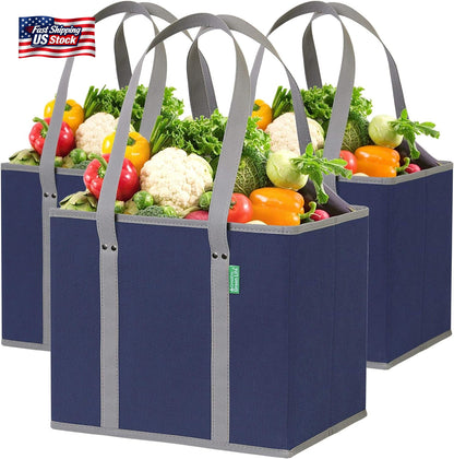 Reusable Grocery Bags 3 Pack Heavy Duty Foldable Shopping Bags Box Shape Large C